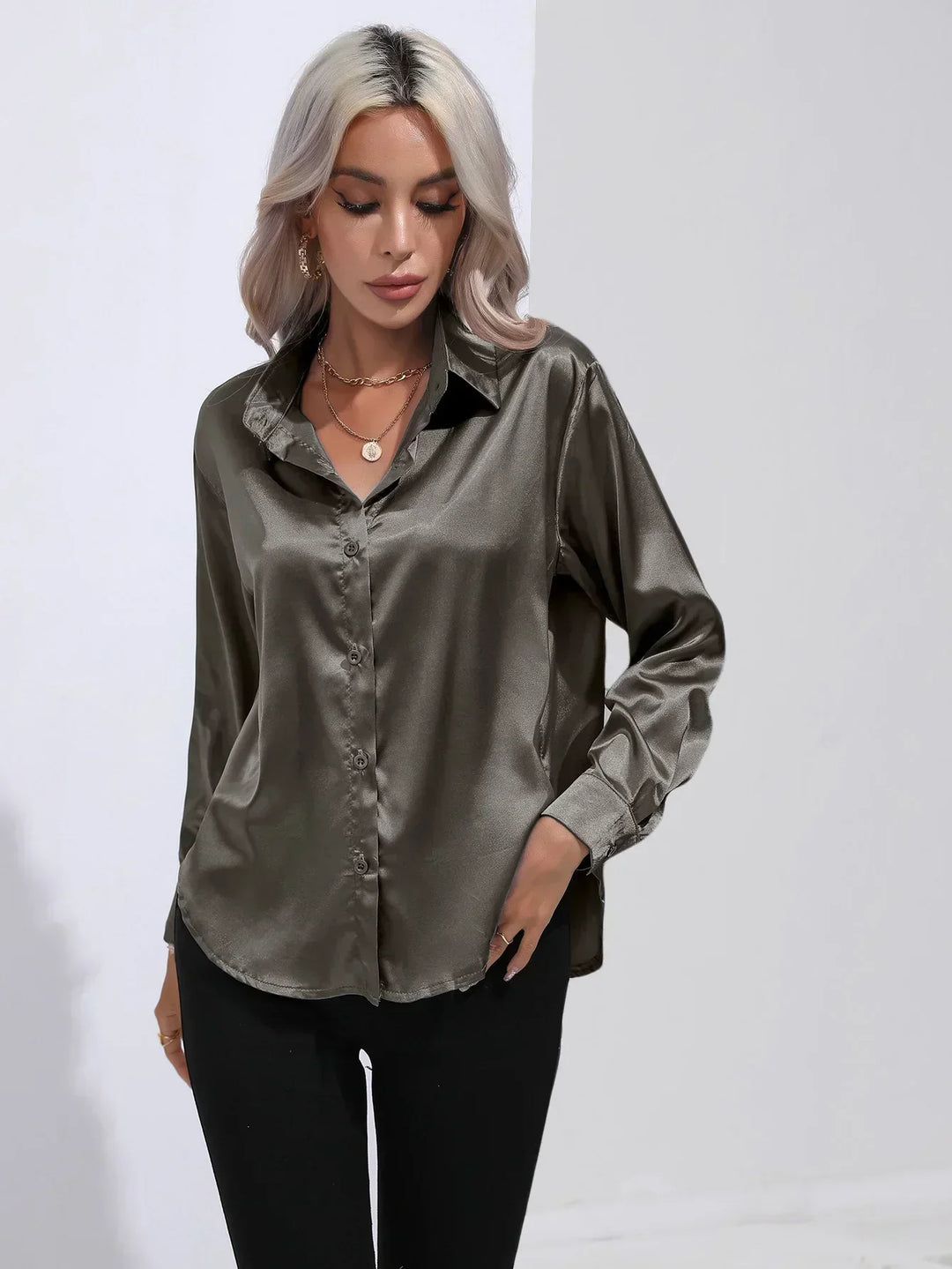 Women's Satin Button-Down Blouse with V-Neck and Long Sleeves