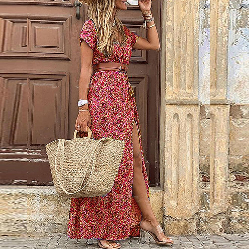 Women's Floral Maxi Dress with V-Neck, Boho Cut
