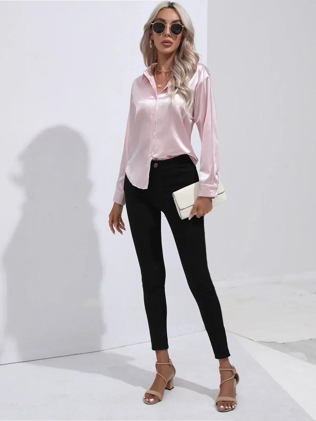 Women's Satin Button-Down Blouse with V-Neck and Long Sleeves