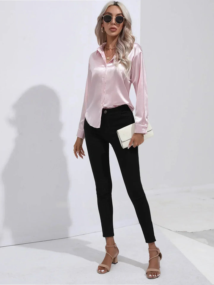 Women's Satin Button-Down Blouse with V-Neck and Long Sleeves