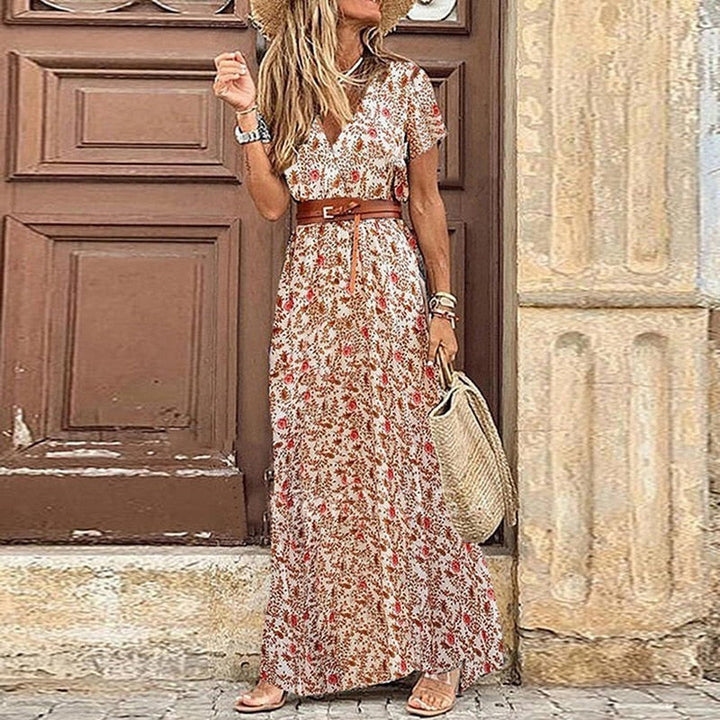 Women's Floral Maxi Dress with V-Neck, Boho Cut