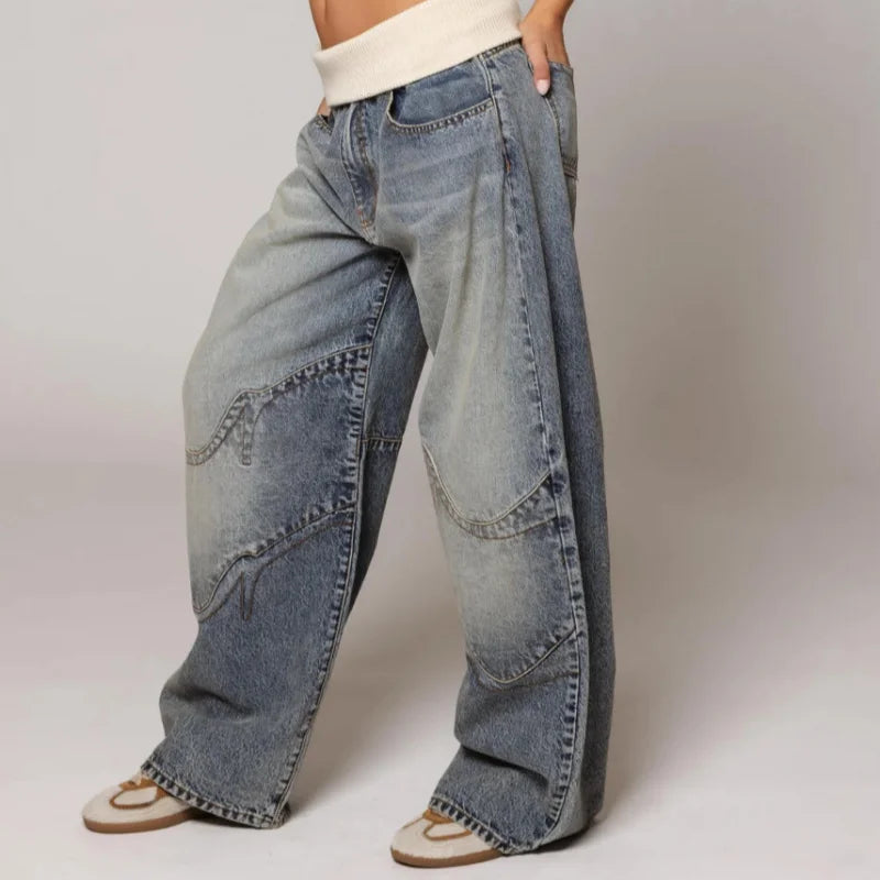 Women's Casual Stretch Denim Wide-Leg Jeans with High Waistband