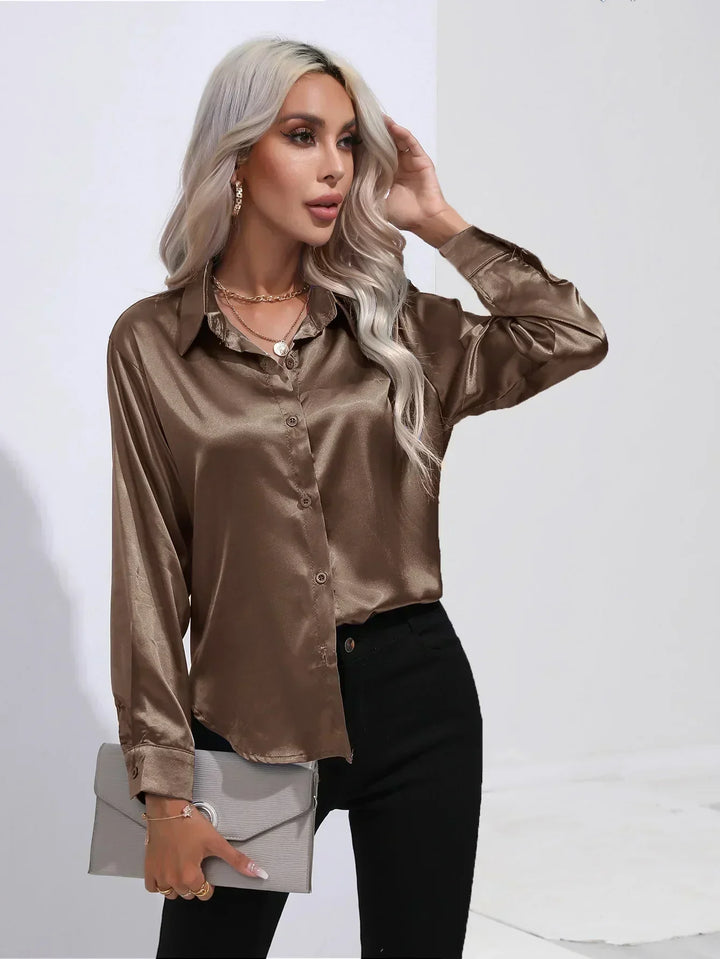 Women's Satin Button-Down Blouse with V-Neck and Long Sleeves