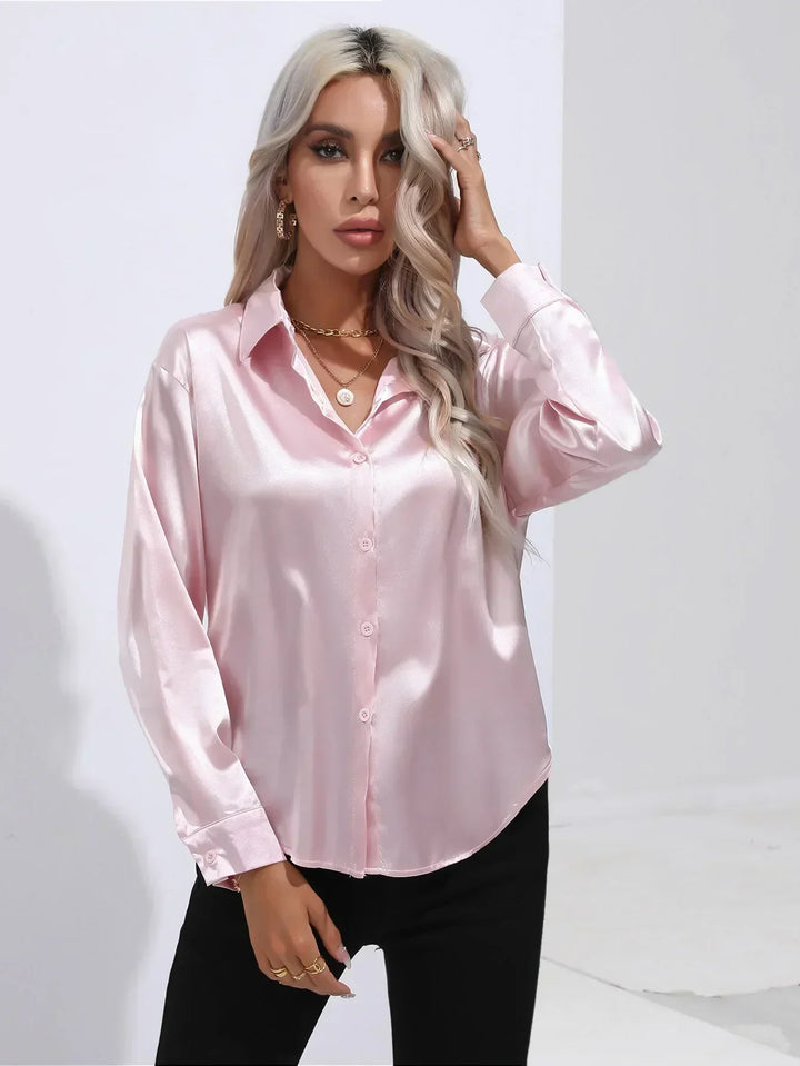 Women's Satin Button-Down Blouse with V-Neck and Long Sleeves