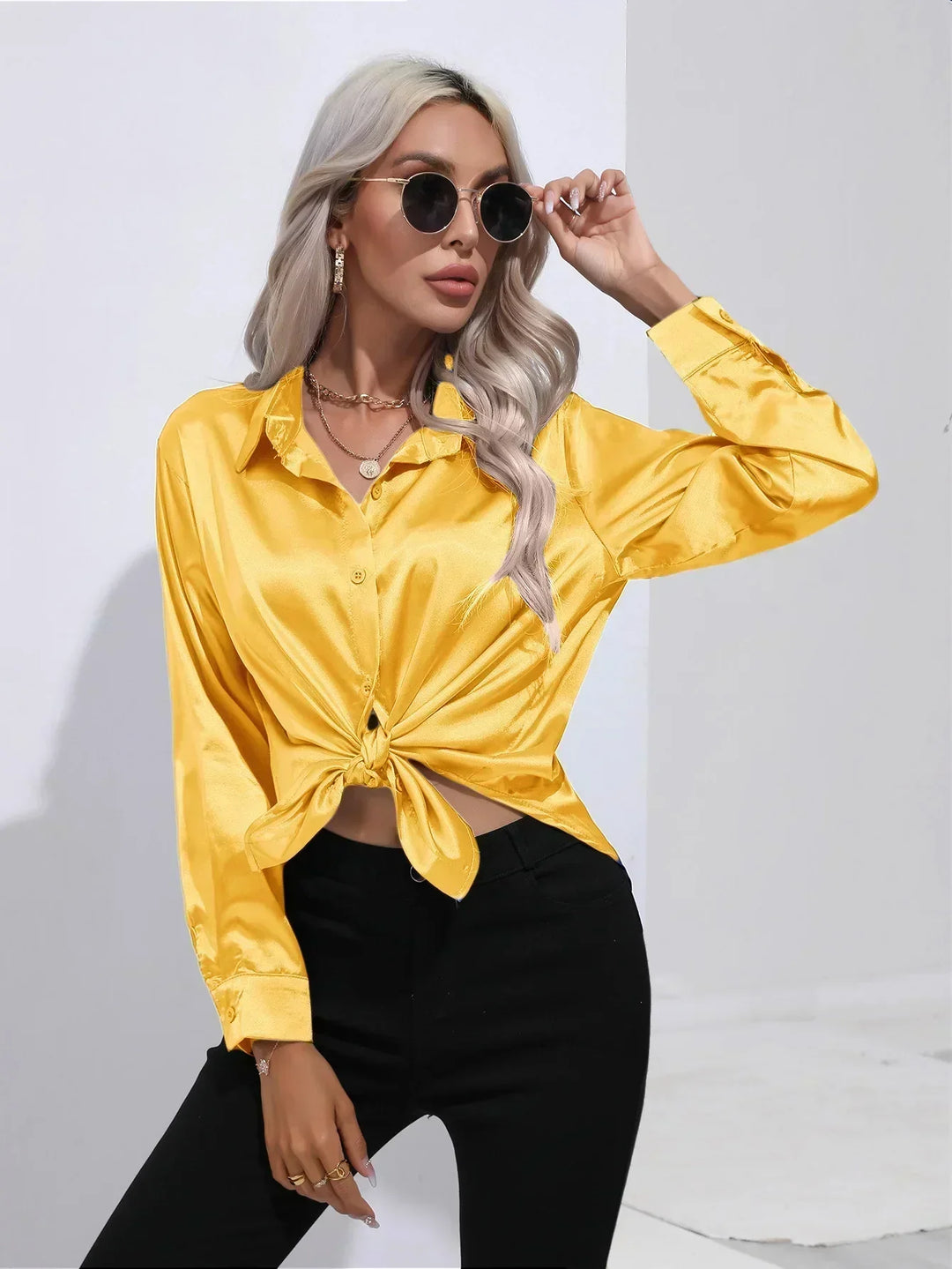 Women's Satin Button-Down Blouse with V-Neck and Long Sleeves