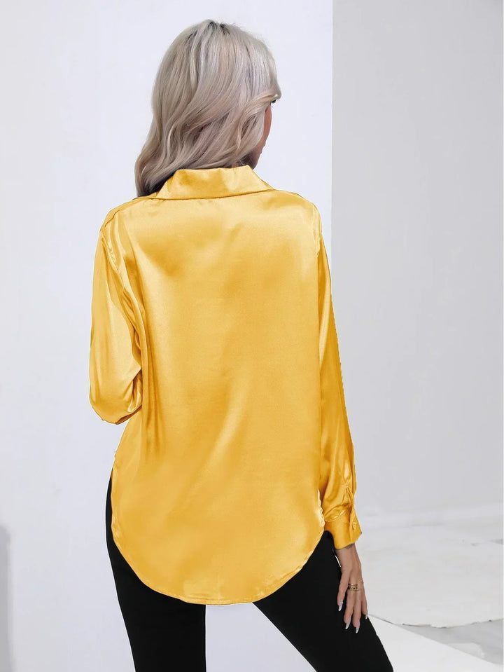 Women's Satin Button-Down Blouse with V-Neck and Long Sleeves