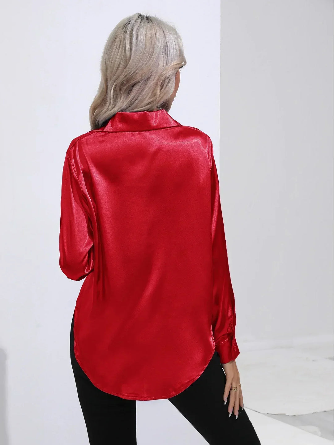 Women's Satin Button-Down Blouse with V-Neck and Long Sleeves