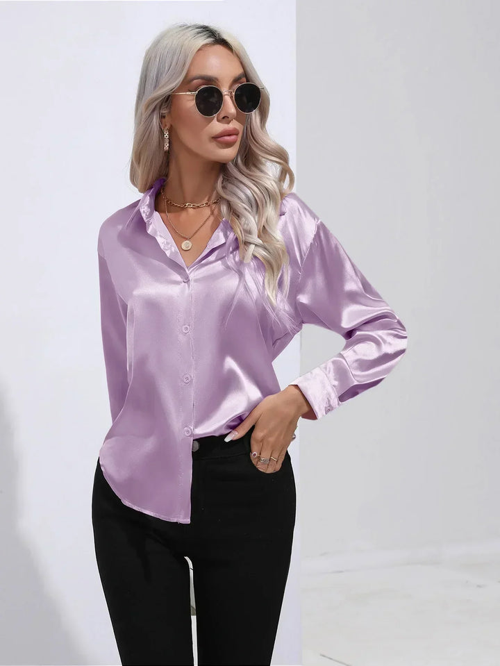 Women's Satin Button-Down Blouse with V-Neck and Long Sleeves