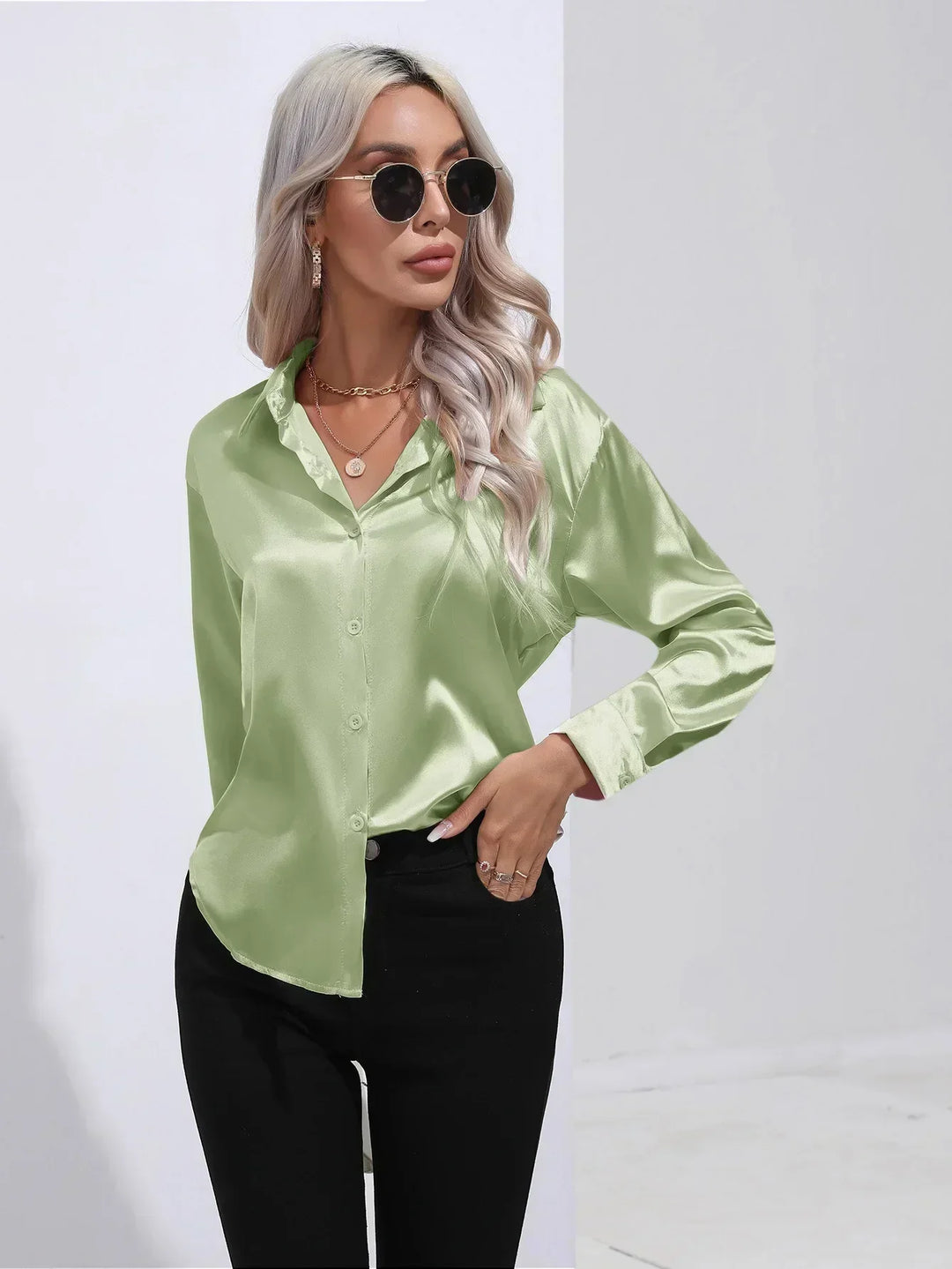 Women's Satin Button-Down Blouse with V-Neck and Long Sleeves