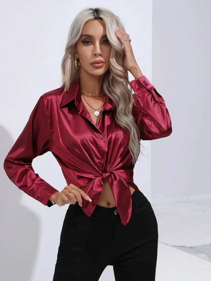 Women's Satin Button-Down Blouse with V-Neck and Long Sleeves