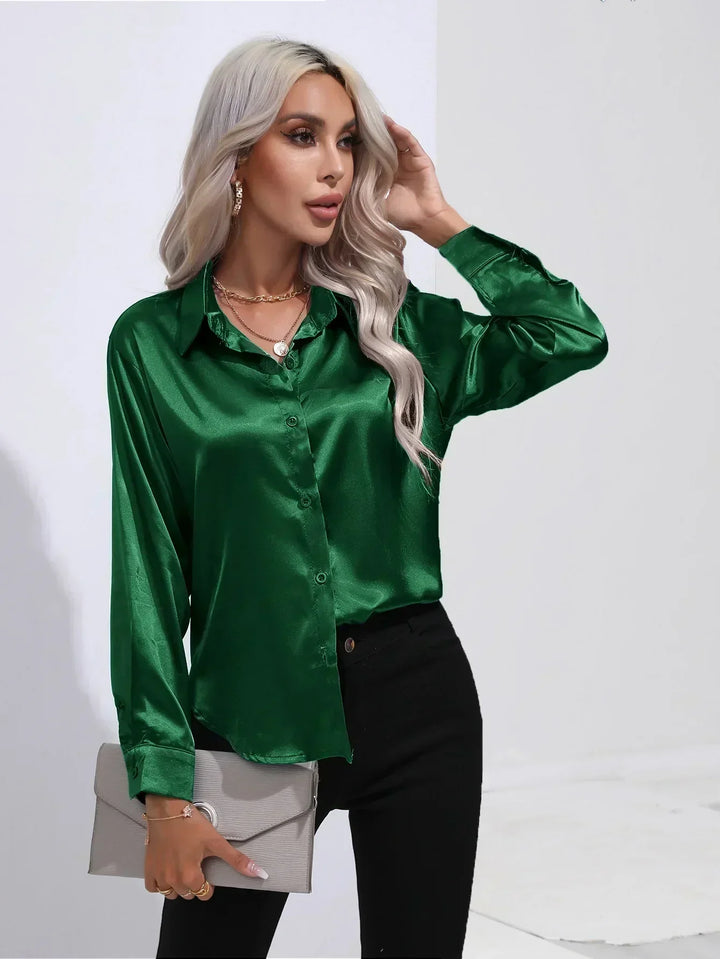 Women's Satin Button-Down Blouse with V-Neck and Long Sleeves