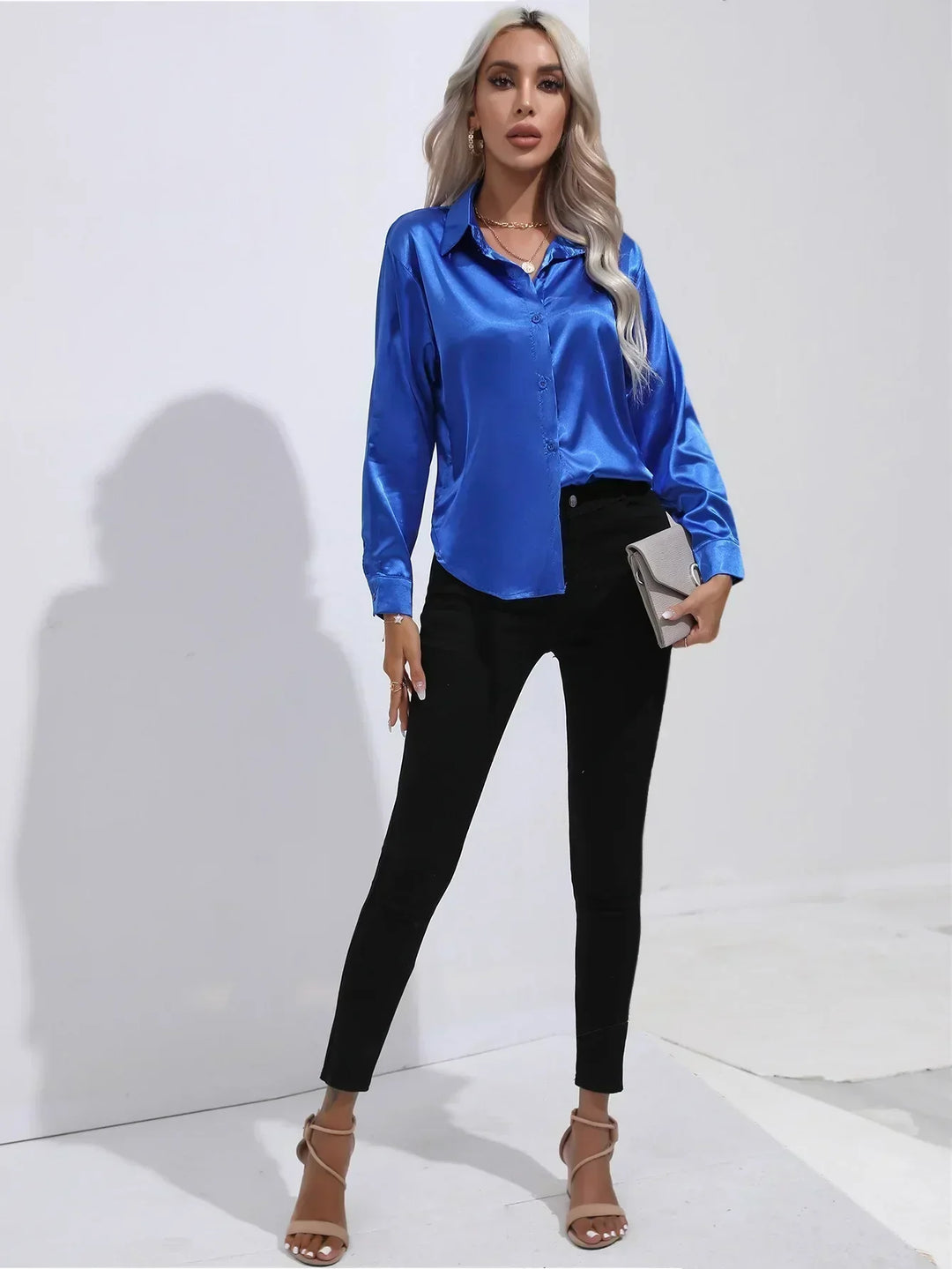 Women's Satin Button-Down Blouse with V-Neck and Long Sleeves