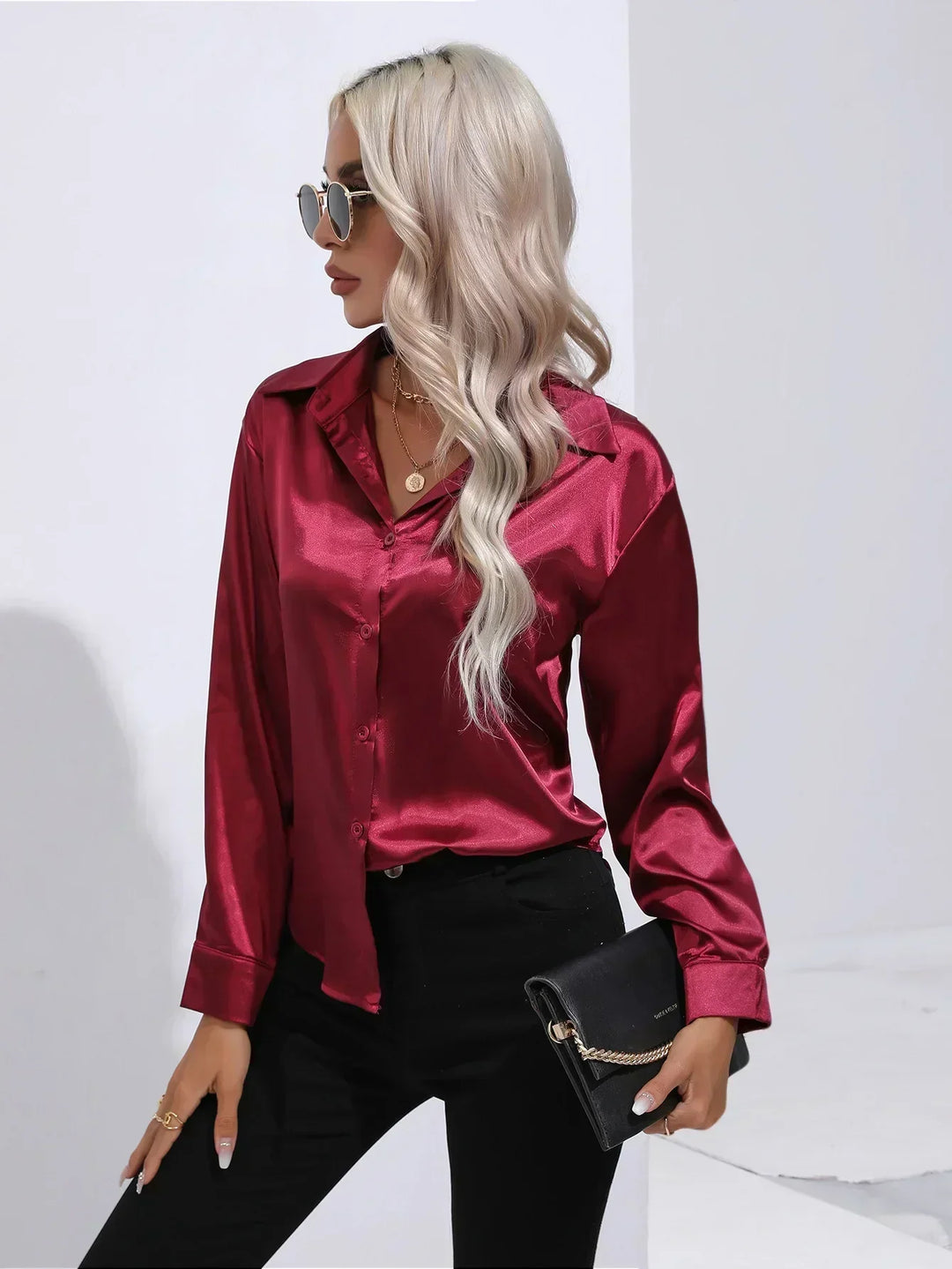 Women's Satin Button-Down Blouse with V-Neck and Long Sleeves