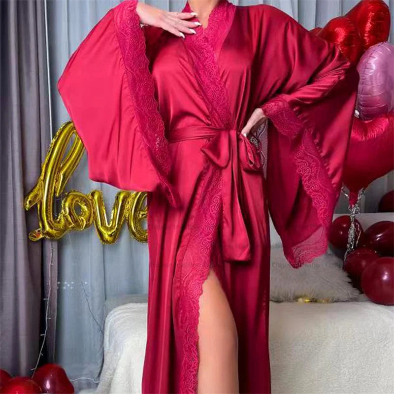 Women's Belted Lace Kimono with Wide Flowing Sleeves