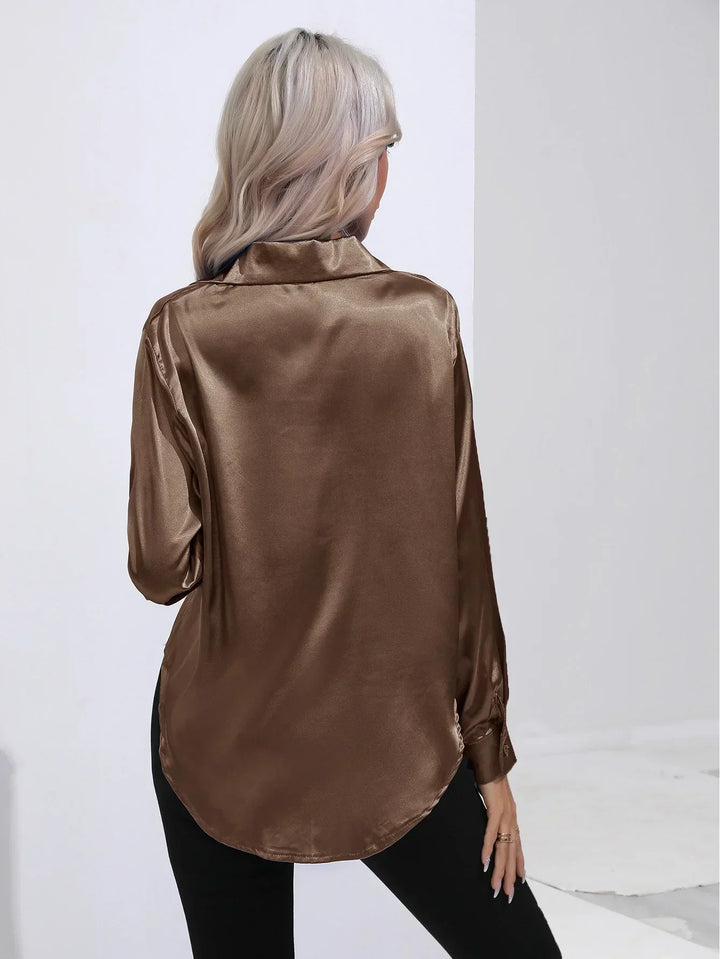 Women's Satin Button-Down Blouse with V-Neck and Long Sleeves