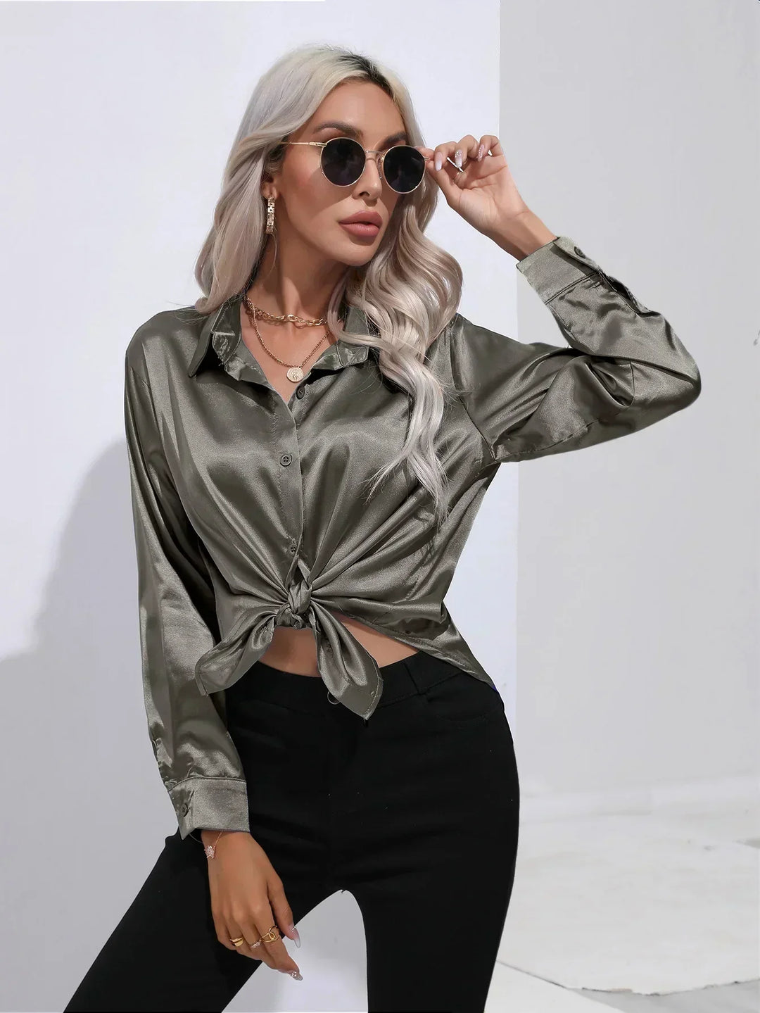 Women's Satin Button-Down Blouse with V-Neck and Long Sleeves