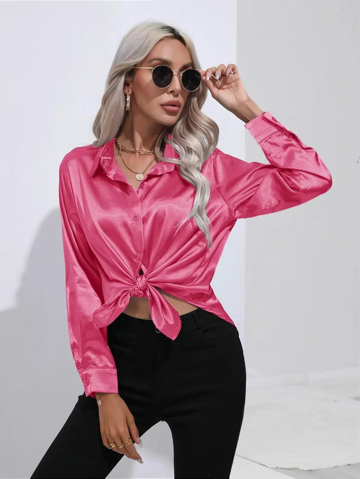 Women's Satin Button-Down Blouse with V-Neck and Long Sleeves