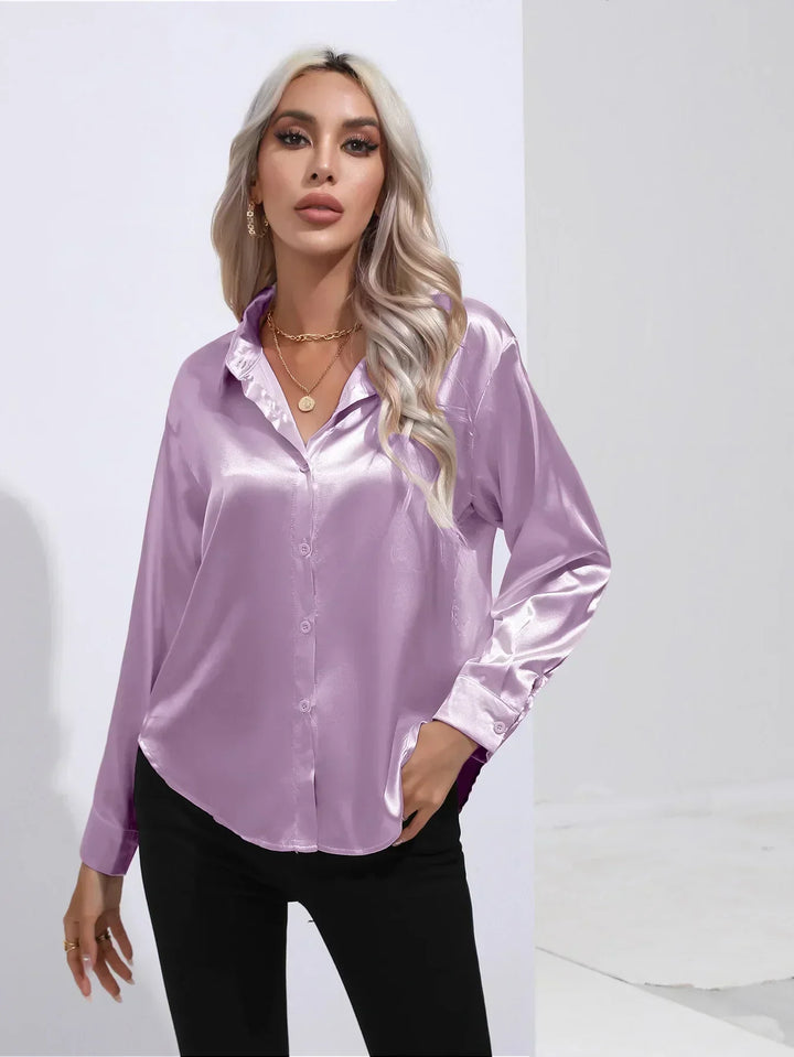 Women's Satin Button-Down Blouse with V-Neck and Long Sleeves