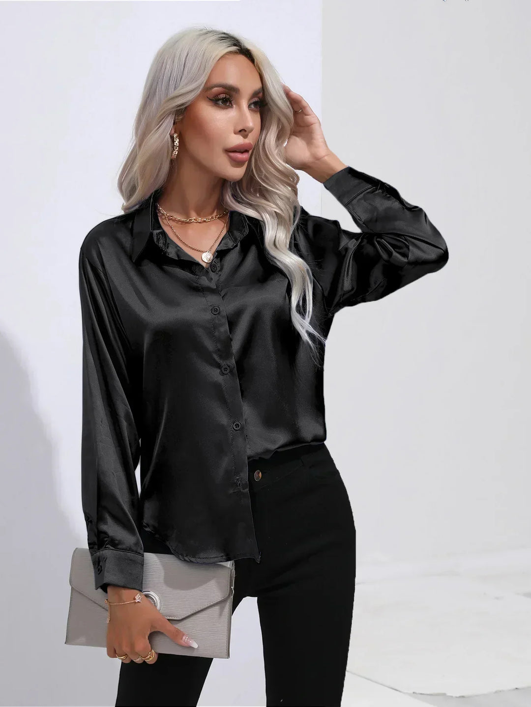 Women's Satin Button-Down Blouse with V-Neck and Long Sleeves