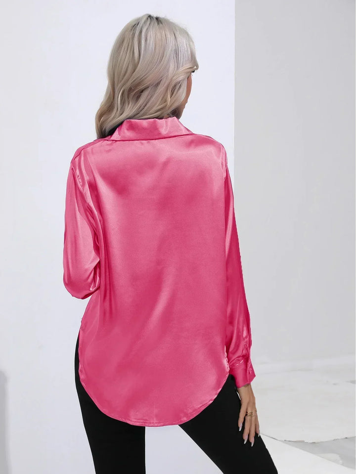 Women's Satin Button-Down Blouse with V-Neck and Long Sleeves