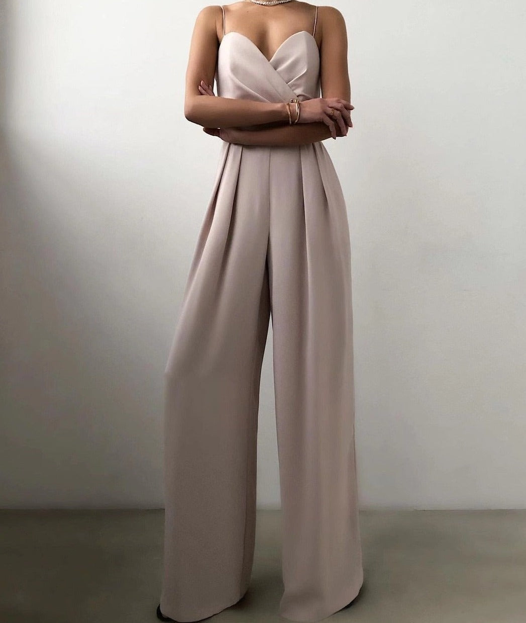 Women's Wrap Bodice Wide-Leg Jumpsuit with Spaghetti Straps