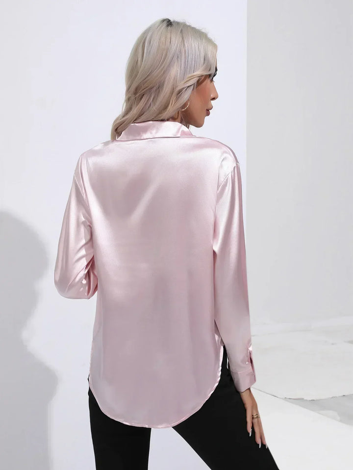 Women's Satin Button-Down Blouse with V-Neck and Long Sleeves