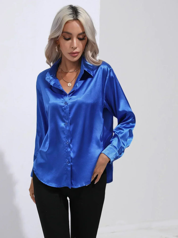 Women's Satin Button-Down Blouse with V-Neck and Long Sleeves