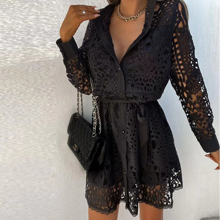 V-Neck Lace Midi Dress with Long Sleeves