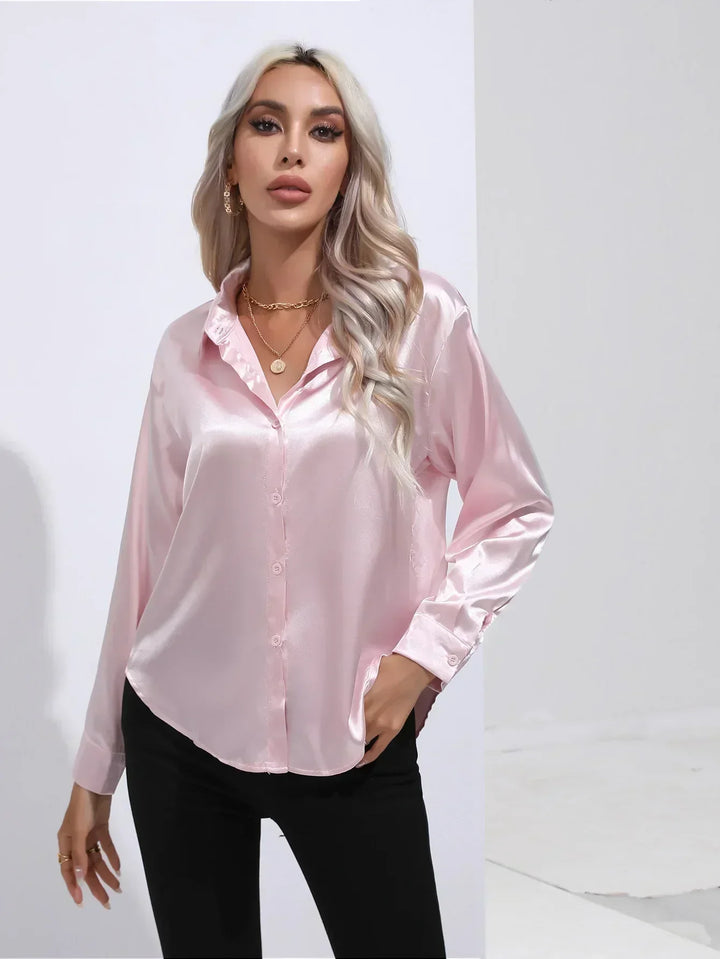 Women's Satin Button-Down Blouse with V-Neck and Long Sleeves