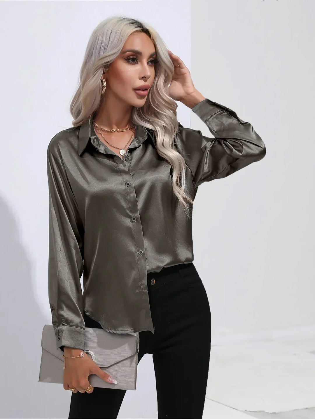 Women's Satin Button-Down Blouse with V-Neck and Long Sleeves
