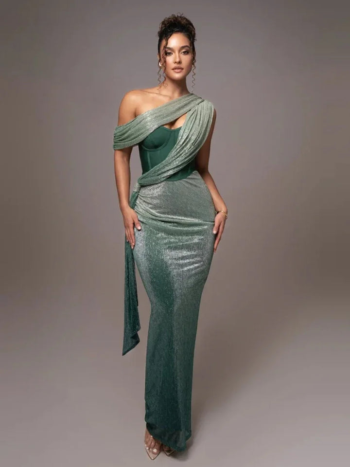 Asymmetric Satin Maxi Gown with Draped Shoulder and Split