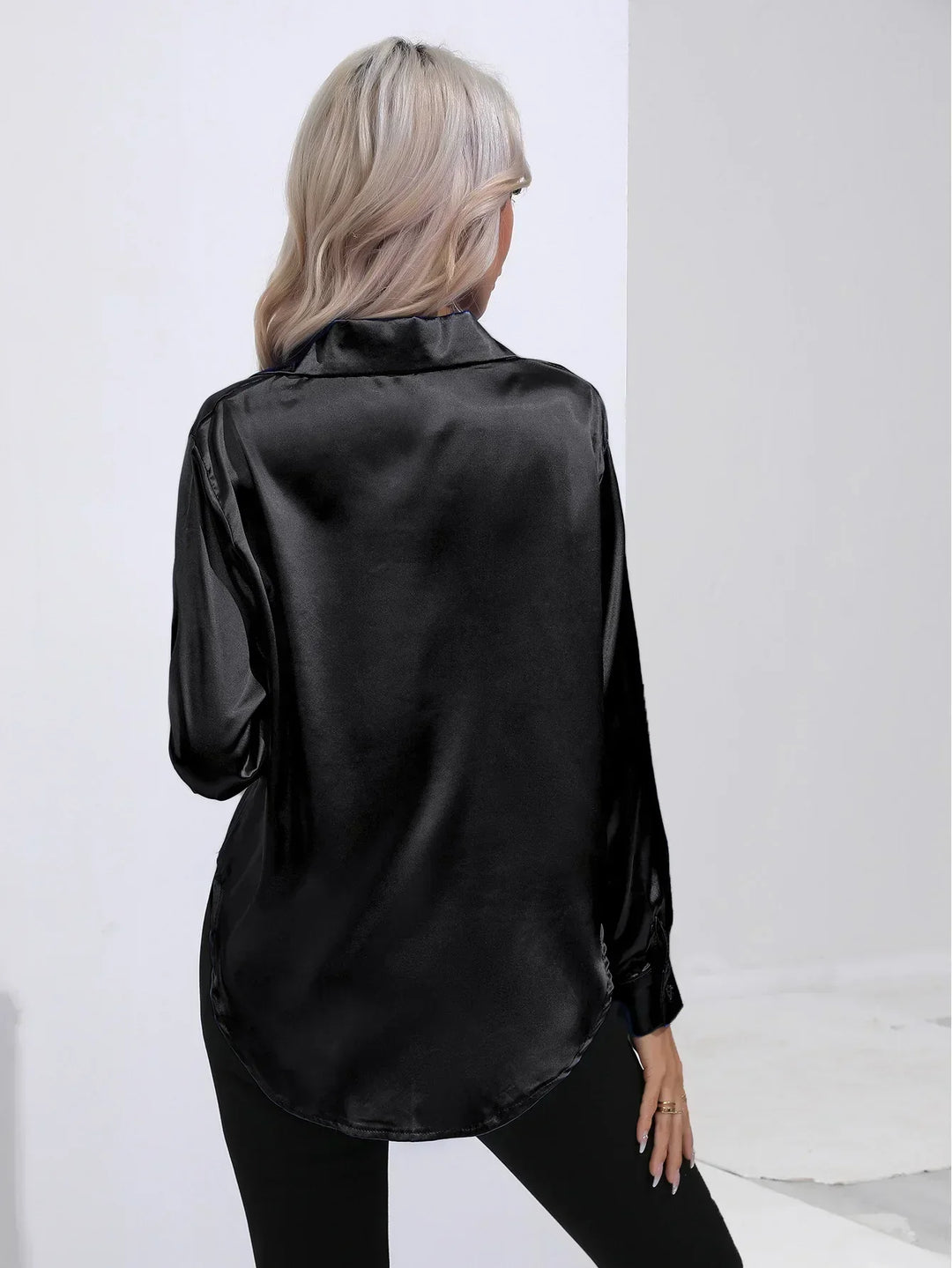 Women's Satin Button-Down Blouse with V-Neck and Long Sleeves
