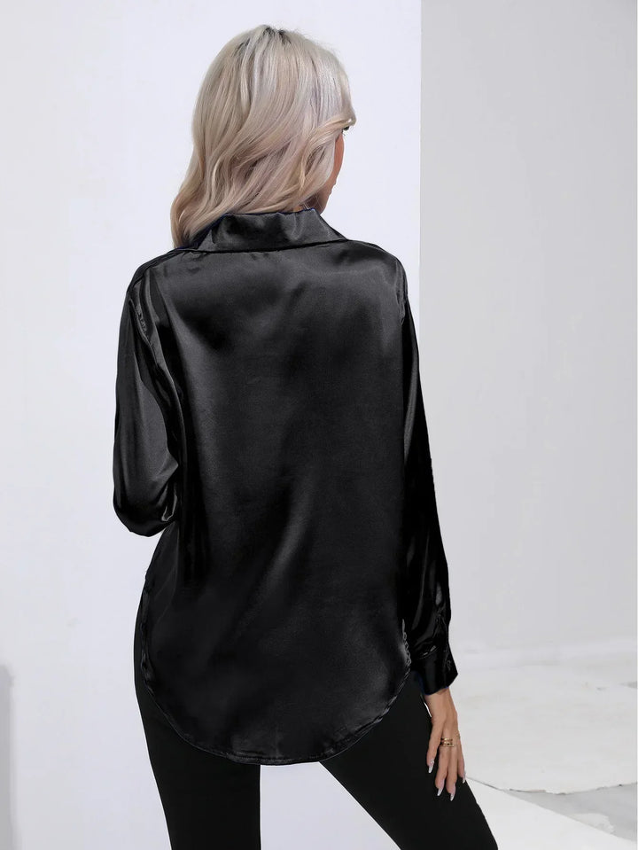 Women's Satin Button-Down Blouse with V-Neck and Long Sleeves