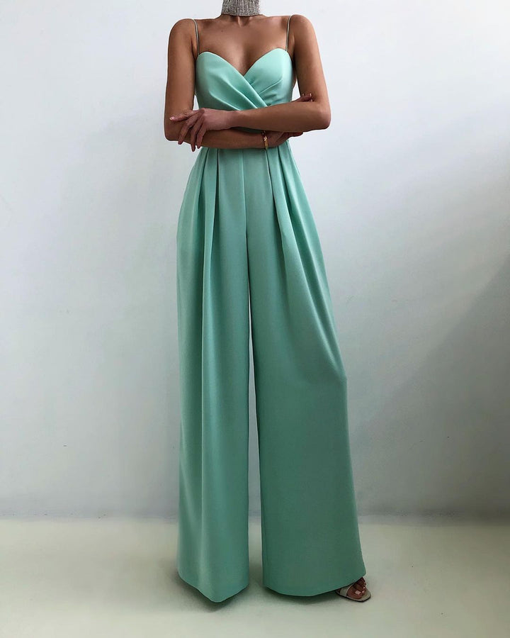 Women's Wrap Bodice Wide-Leg Jumpsuit with Spaghetti Straps