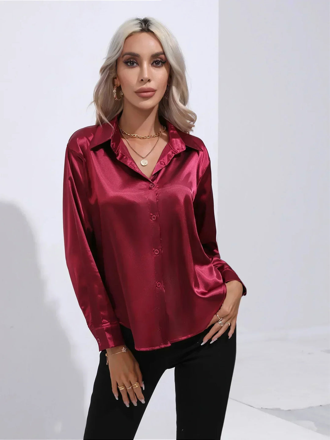 Women's Satin Button-Down Blouse with V-Neck and Long Sleeves