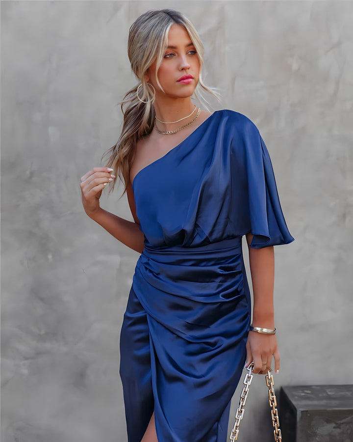 Women's One-Shoulder Wrap Midi Dress with Adjustable Waist