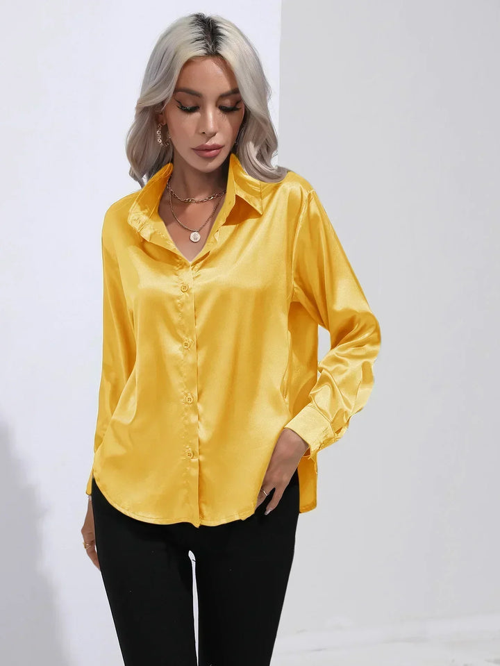 Women's Satin Button-Down Blouse with V-Neck and Long Sleeves