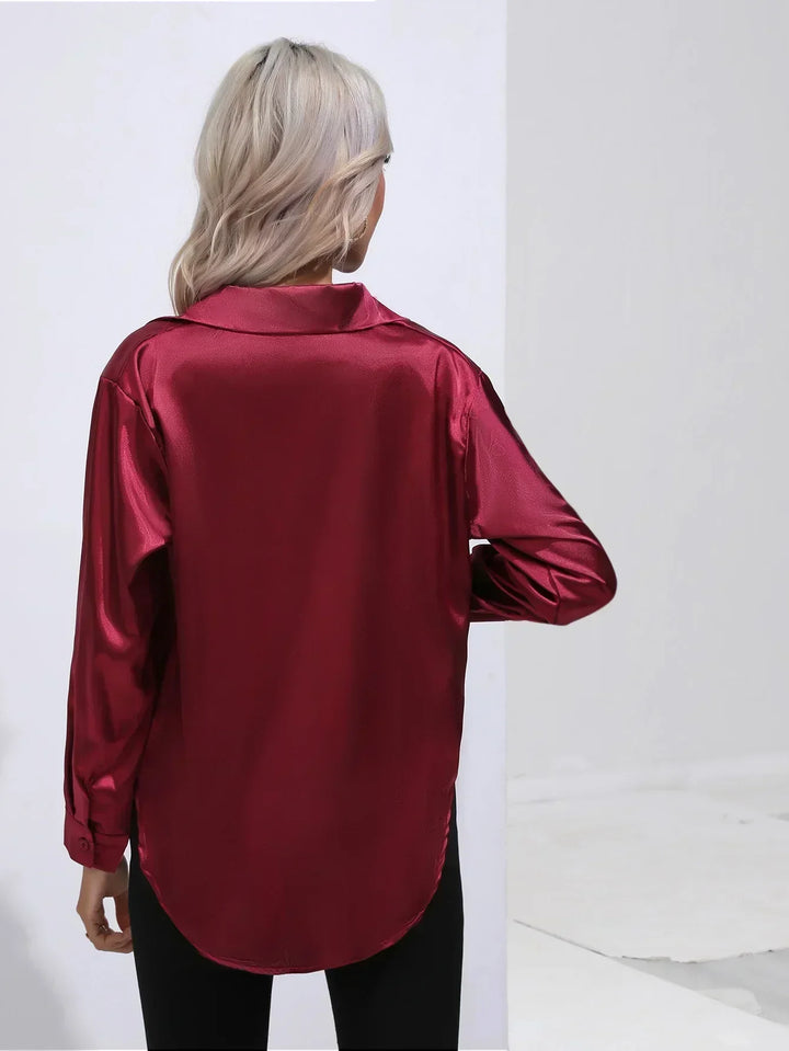 Women's Satin Button-Down Blouse with V-Neck and Long Sleeves