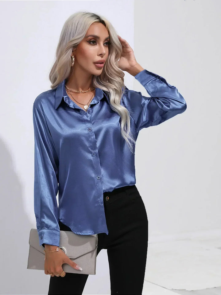 Women's Satin Button-Down Blouse with V-Neck and Long Sleeves