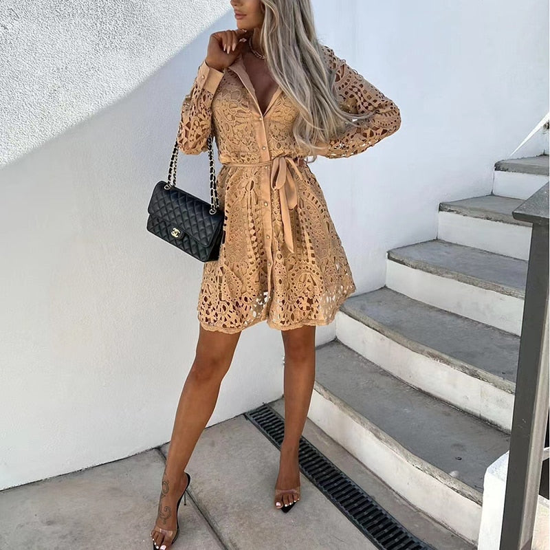 V-Neck Lace Midi Dress with Long Sleeves
