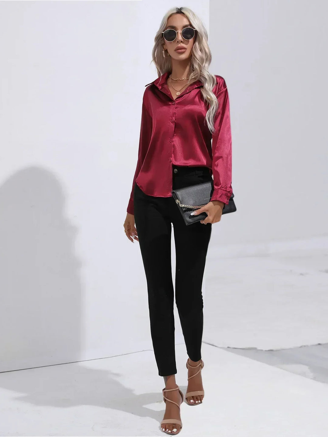 Women's Satin Button-Down Blouse with V-Neck and Long Sleeves