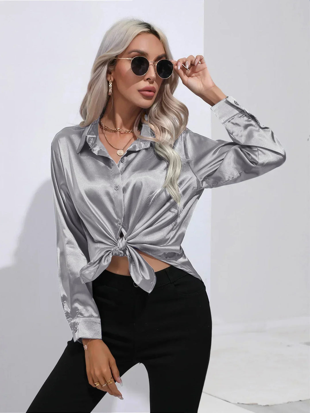 Women's Satin Button-Down Blouse with V-Neck and Long Sleeves