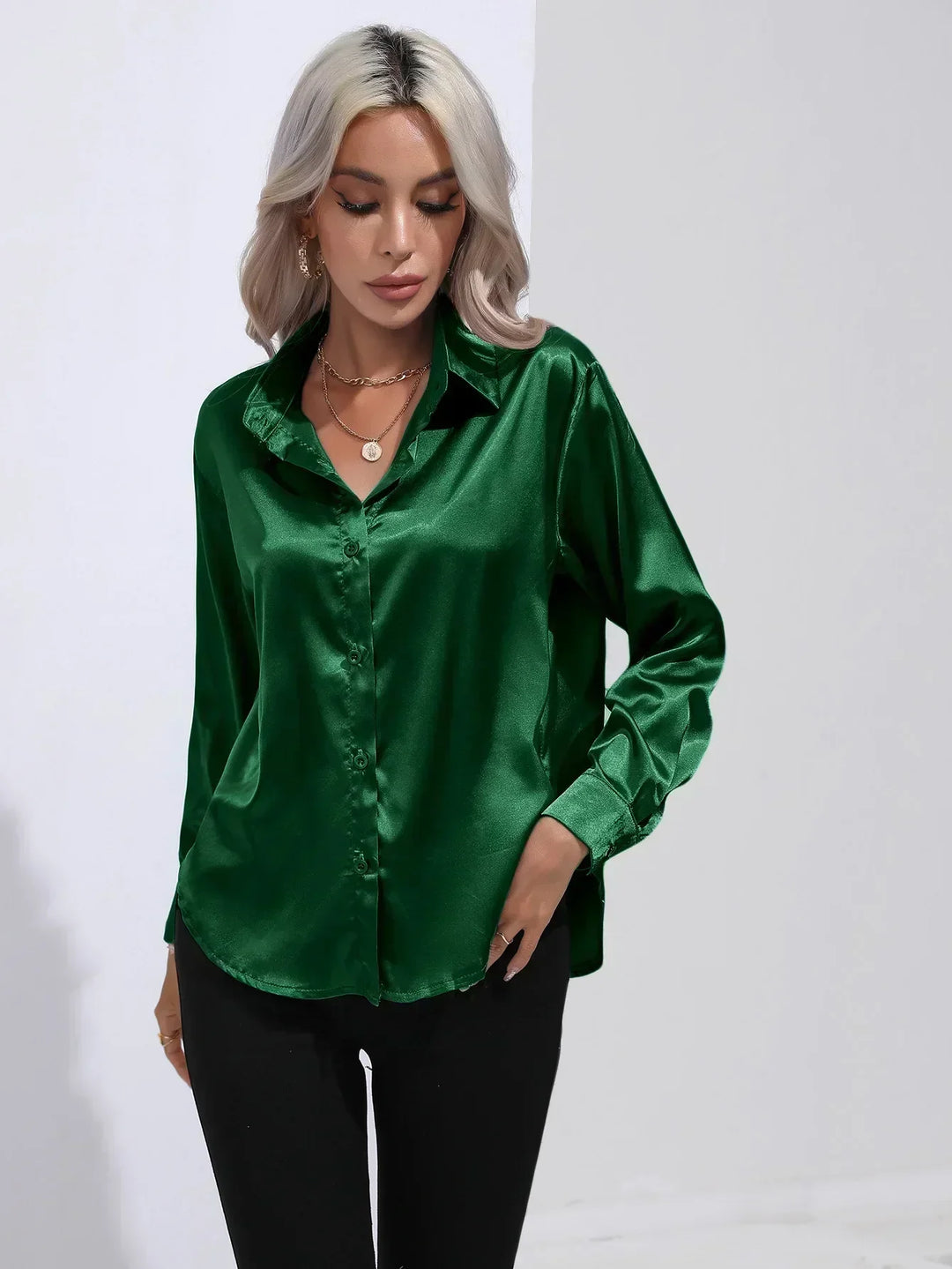 Women's Satin Button-Down Blouse with V-Neck and Long Sleeves