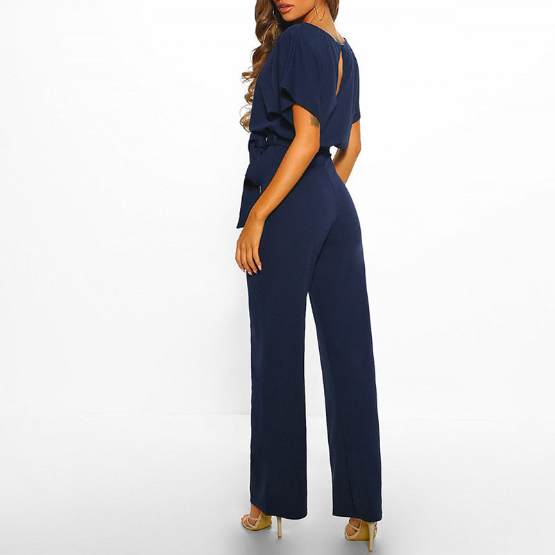Women's Wide-Leg Short Sleeve Jumpsuit with Tie Waist Detail