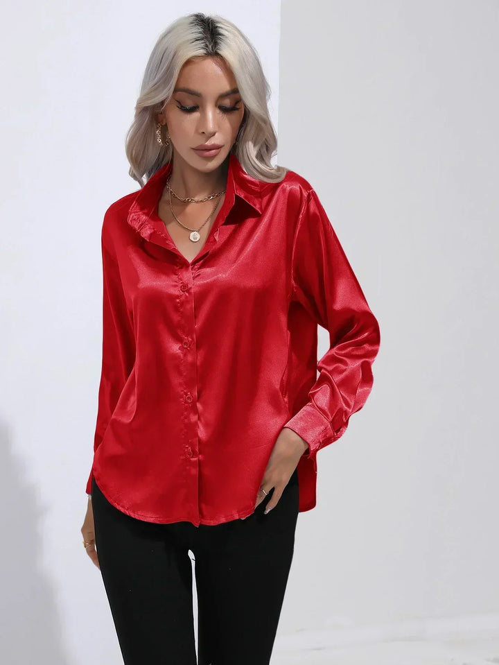 Women's Satin Button-Down Blouse with V-Neck and Long Sleeves