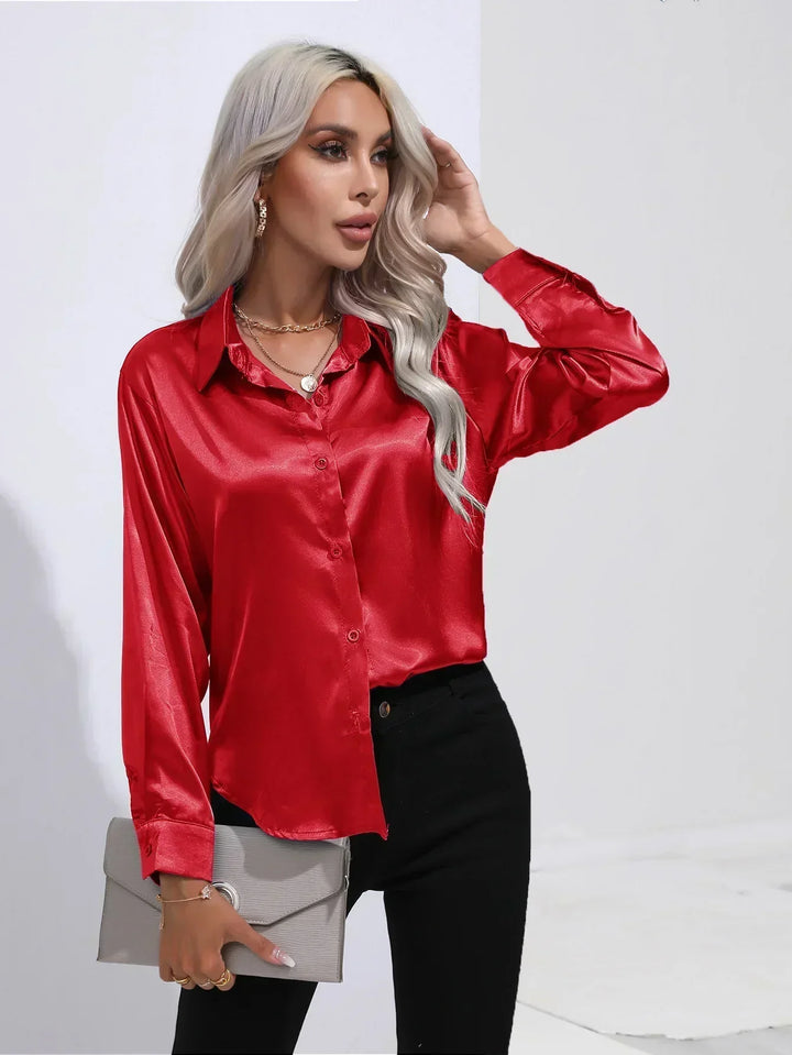 Women's Satin Button-Down Blouse with V-Neck and Long Sleeves