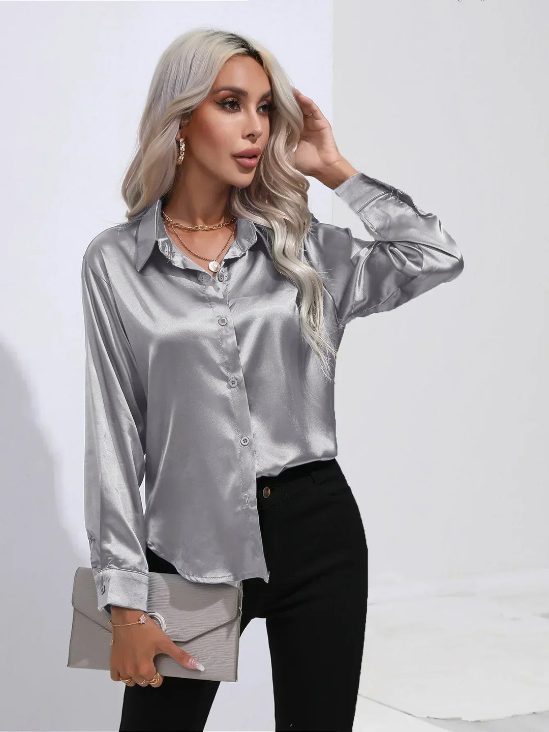 Women's Satin Button-Down Blouse with V-Neck and Long Sleeves