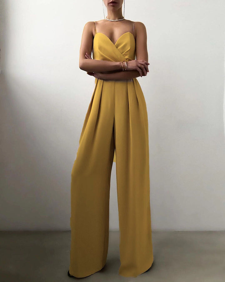 Women's Wrap Bodice Wide-Leg Jumpsuit with Spaghetti Straps