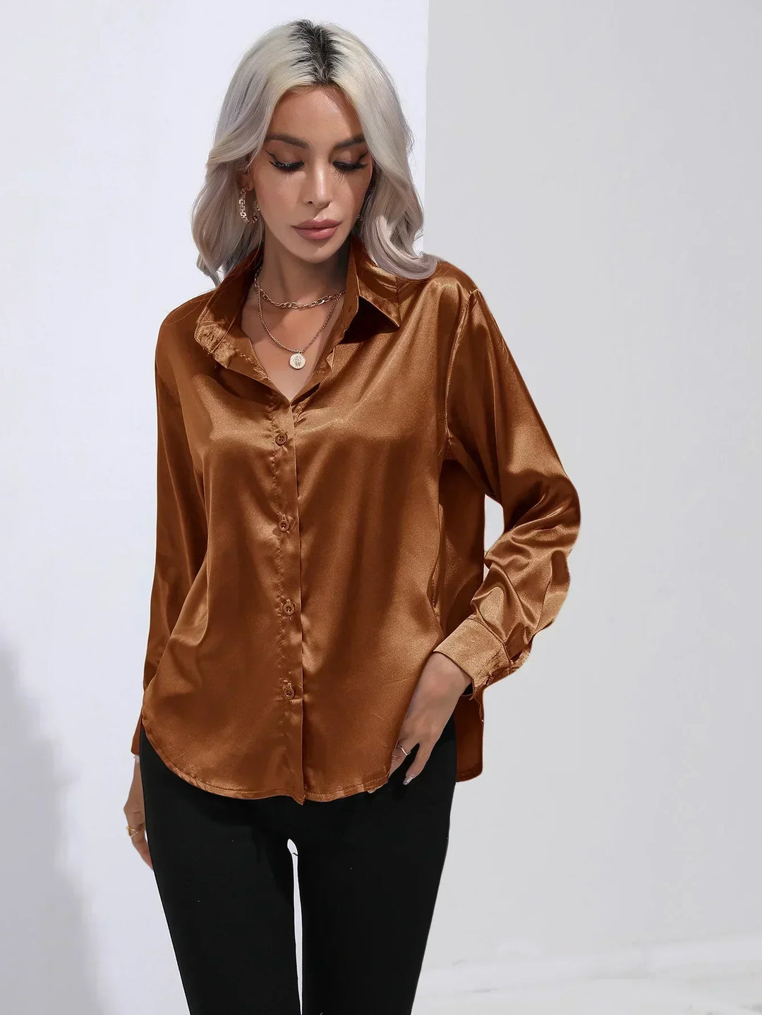 Women's Satin Button-Down Blouse with V-Neck and Long Sleeves