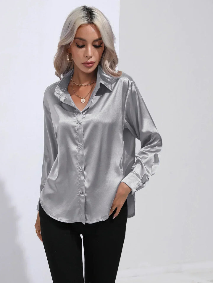 Women's Satin Button-Down Blouse with V-Neck and Long Sleeves